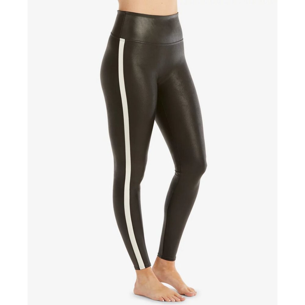 SPANX Sz. S Tuxedo-Stripe Faux-Leather Leggings
